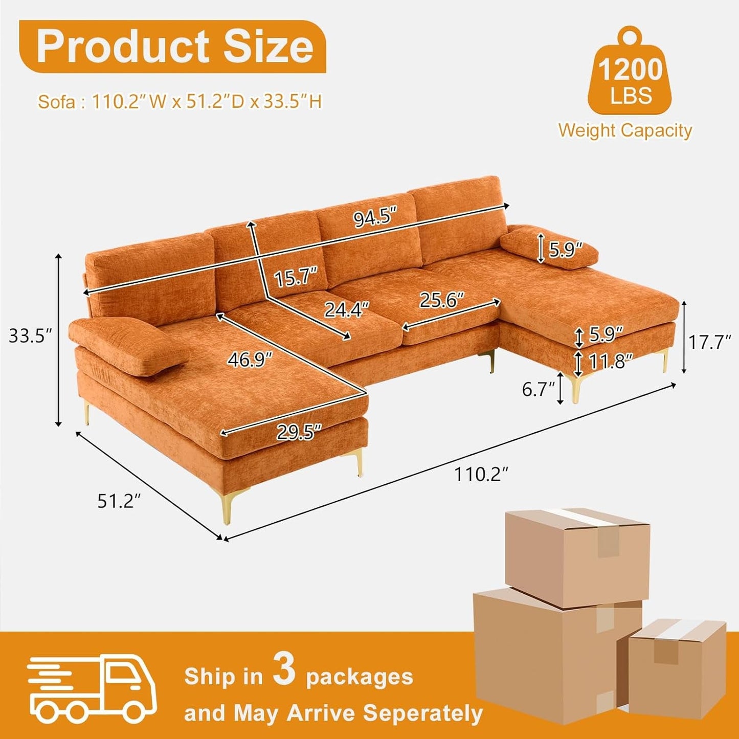 110" Sectional Couches for Living Room,U Shape Couch with Double Chaise, 4-Seat Sofa Set with Chenille Fabric for Home Furniture,Burnt Orange-1