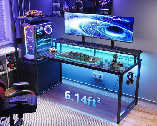 59 Inch Gaming Desk with USB Charging Ports & LED Light- Reversible Computer Desk with Storage Shelves & Monitor Stand, Modern Gamer Desk Table with Fabric Drawers & Side Hook, Carbon Fiber Black-0