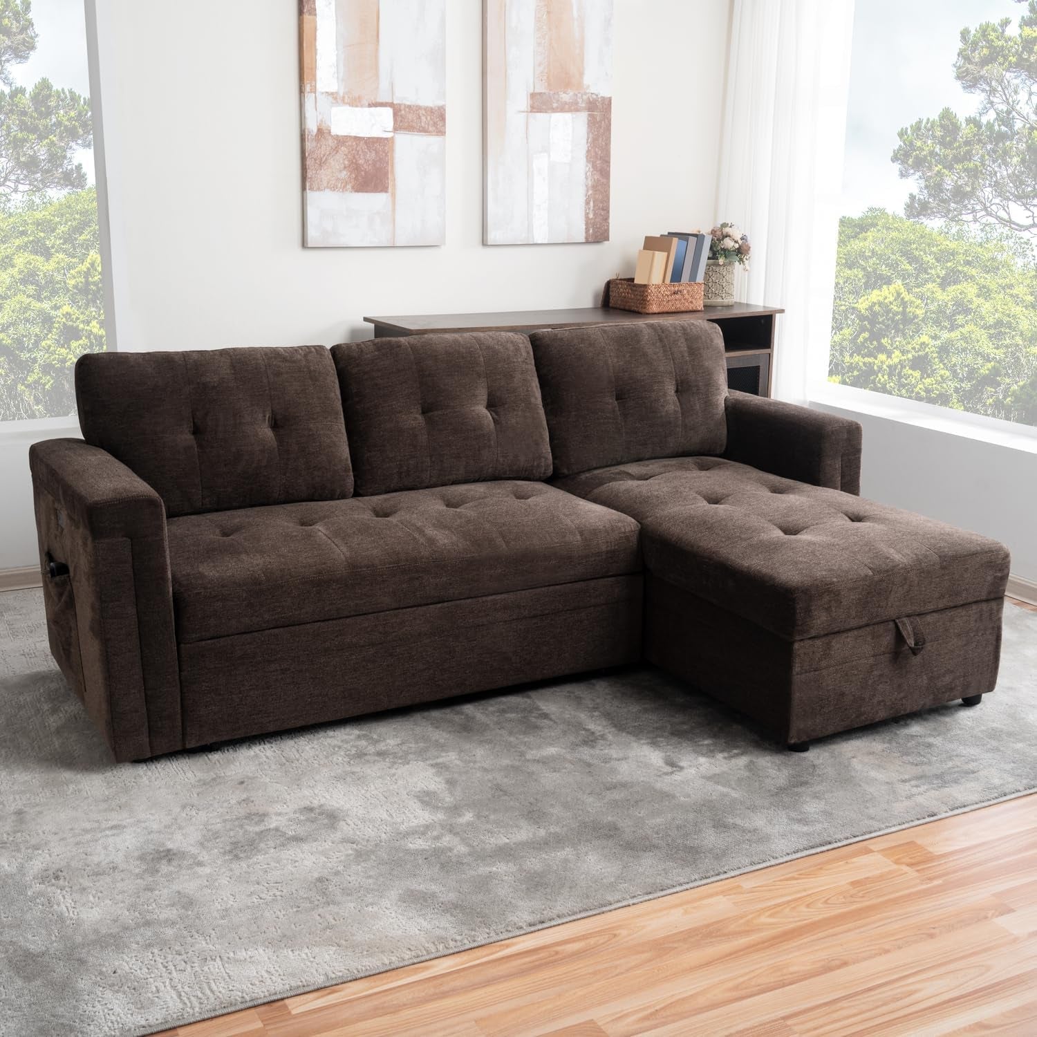 L-Shaped Sectional Sleeper Sofa with USB Ports - Convertible Pull-Out Bed, Ample Storage, Timeless Design, Durable Construction, Espresso/Microfiber-0