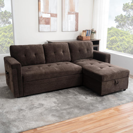 L-Shaped Sectional Sleeper Sofa with USB Ports - Convertible Pull-Out Bed, Ample Storage, Timeless Design, Durable Construction, Espresso/Microfiber-0