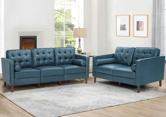 2 Pieces Faux Leather Couch Set, Upholstered 3 Seat & Loveseat Sofa with Bolster Pillows, Mid Century Modern Couch Set with Wooden Legs for Living Room, Bedroom, Office. Blue-0