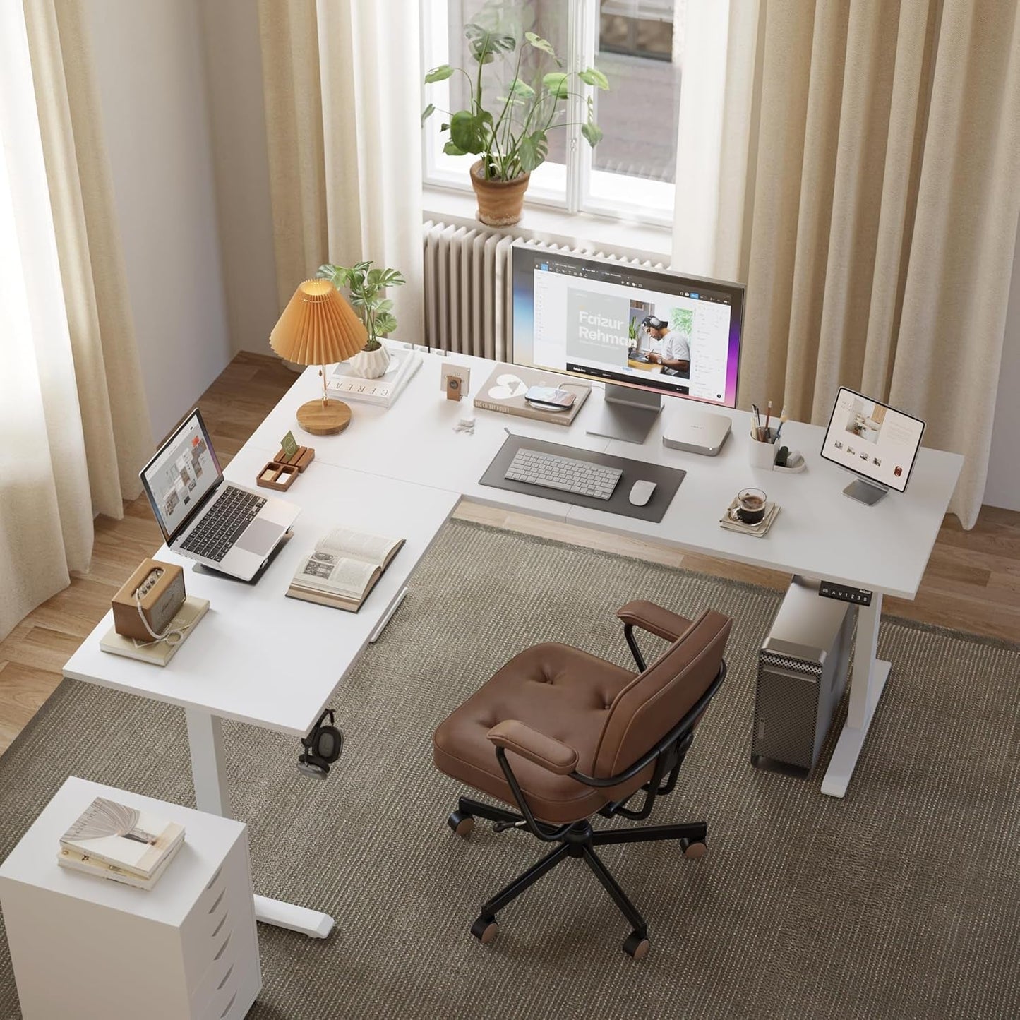 L Shaped Standing Desk Adjustable Height, Electric Corner Standing Desk, 63 X 55 Inch Sit Stand Computer Table with Splice Board, White-3