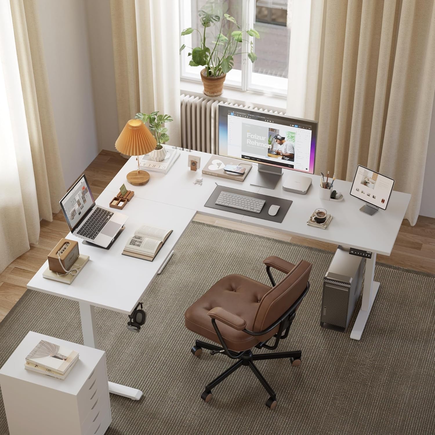 L Shaped Standing Desk Adjustable Height, Electric Corner Standing Desk, 63 X 55 Inch Sit Stand Computer Table with Splice Board, White-3