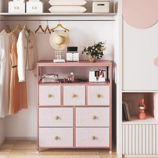 Pink Dresser with 7 Drawers and 2 Shelves-0