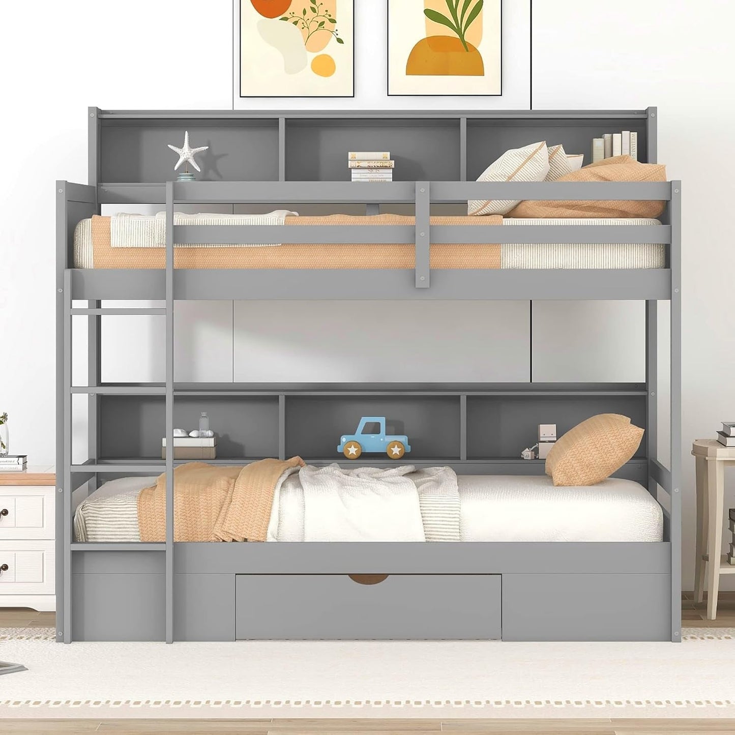 Twin over Twin Bunk Bed with Storage, Wooden Bunk Bed with Built-In Storage Shelves and Drawer, Kids Bunk Bed Twin Size for Boys & Girls, No Box Spring Needed (Gray)-2