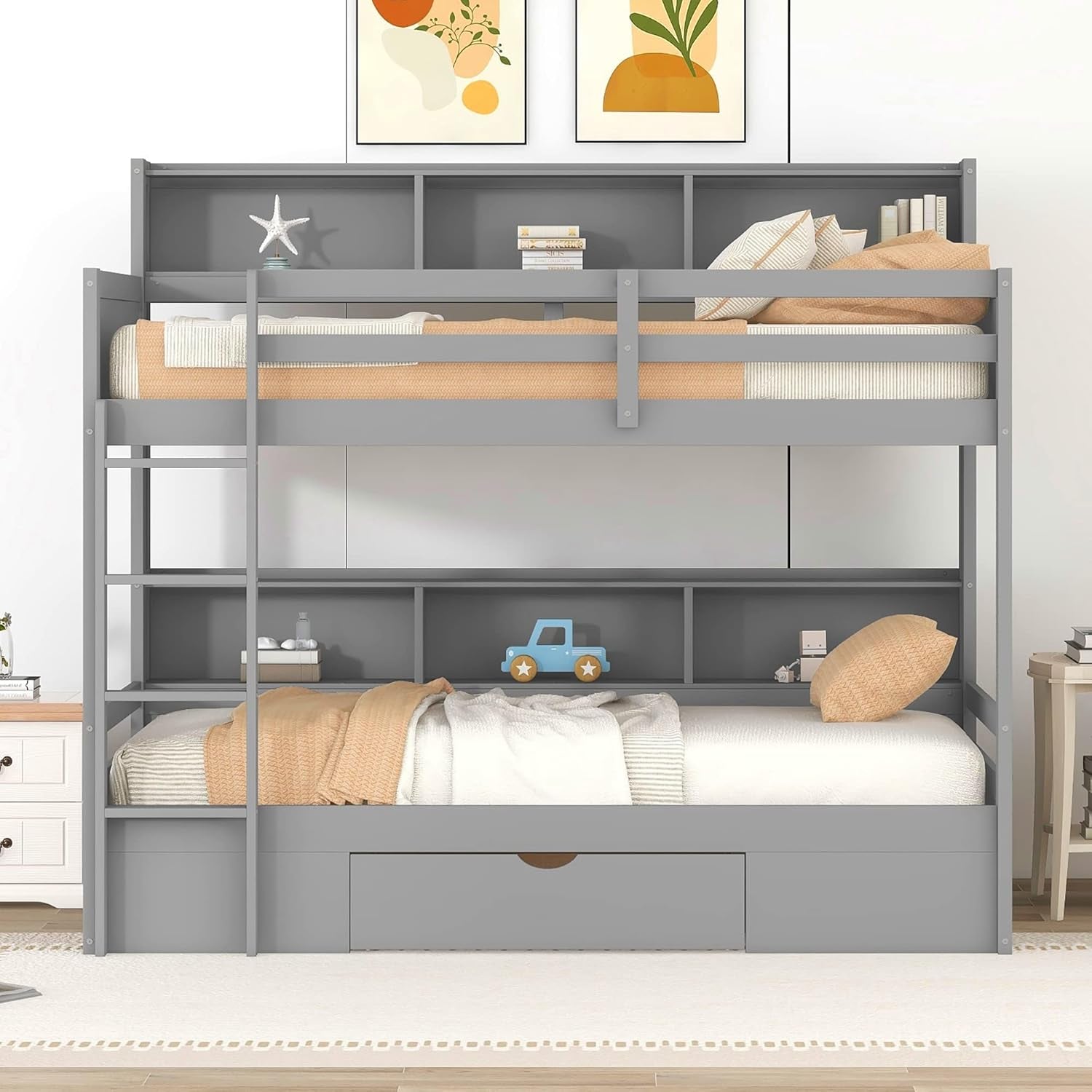 Twin over Twin Bunk Bed with Storage, Wooden Bunk Bed with Built-In Storage Shelves and Drawer, Kids Bunk Bed Twin Size for Boys & Girls, No Box Spring Needed (Gray)-2