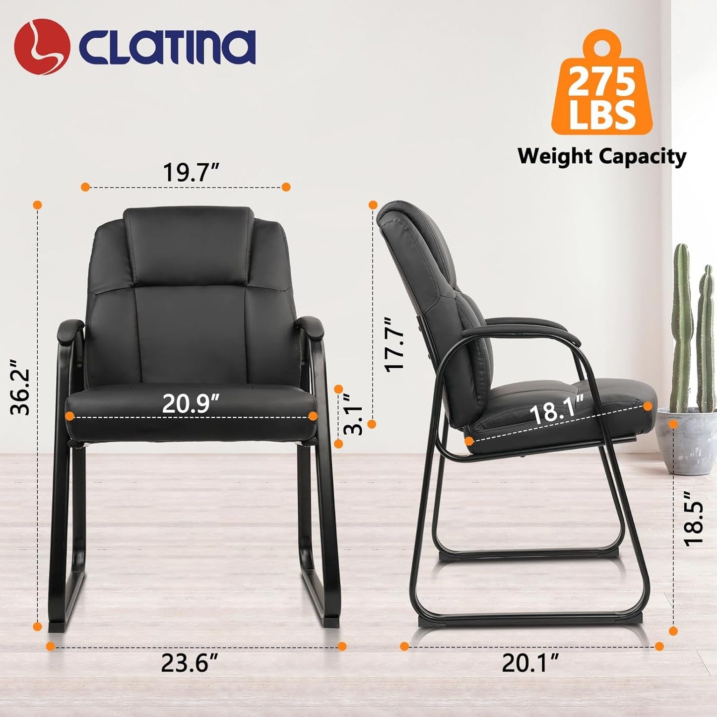 Black Leather Guest Chairs, Padded Arms, Sled Base, 2-Pack-2