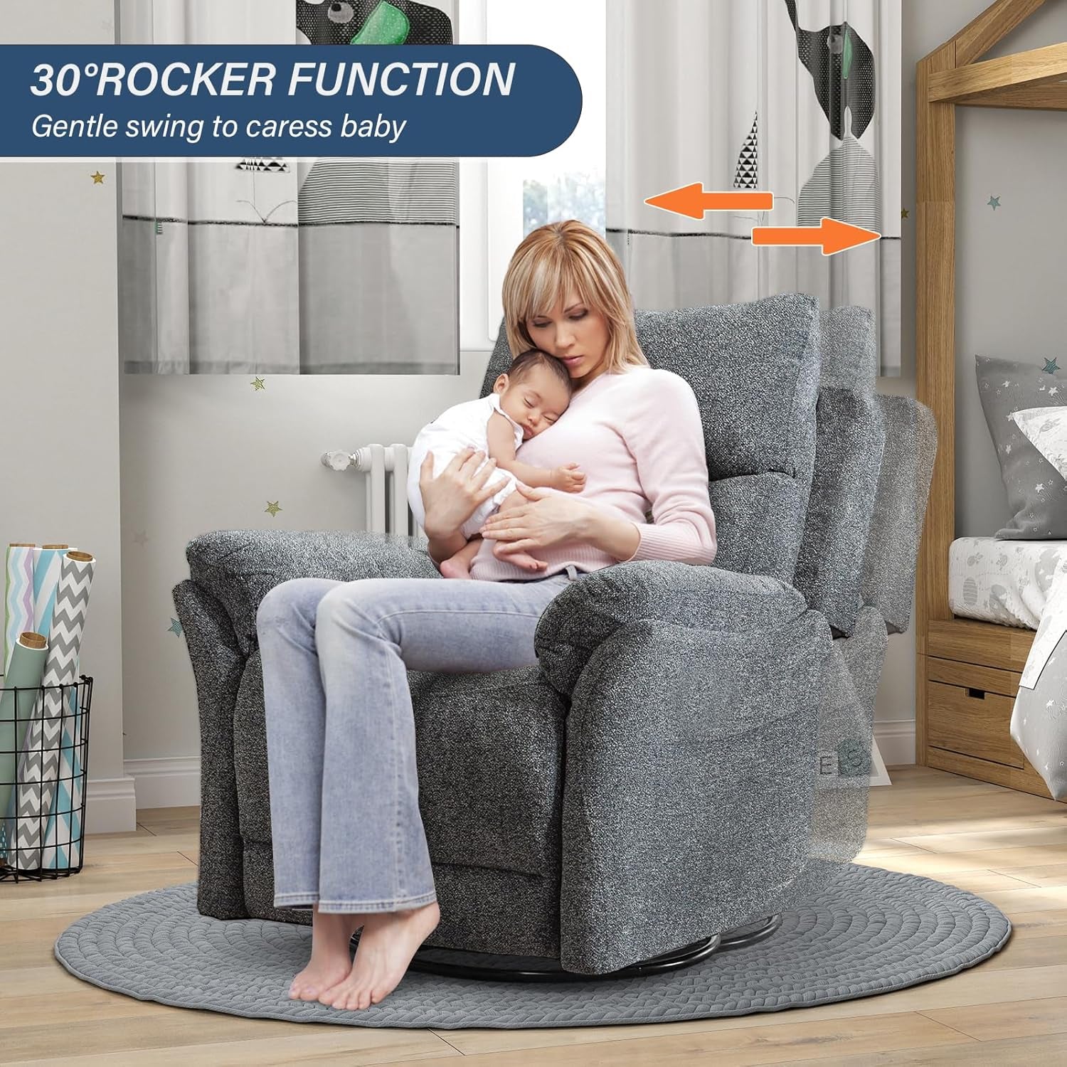 Swivel Rocker Recliner Chair Nursery, Manual Fabric Small Rocking Recliner, Modern Rocking Reclining Chairs for Living Room, Bedroom, Small Space (Gray)-2