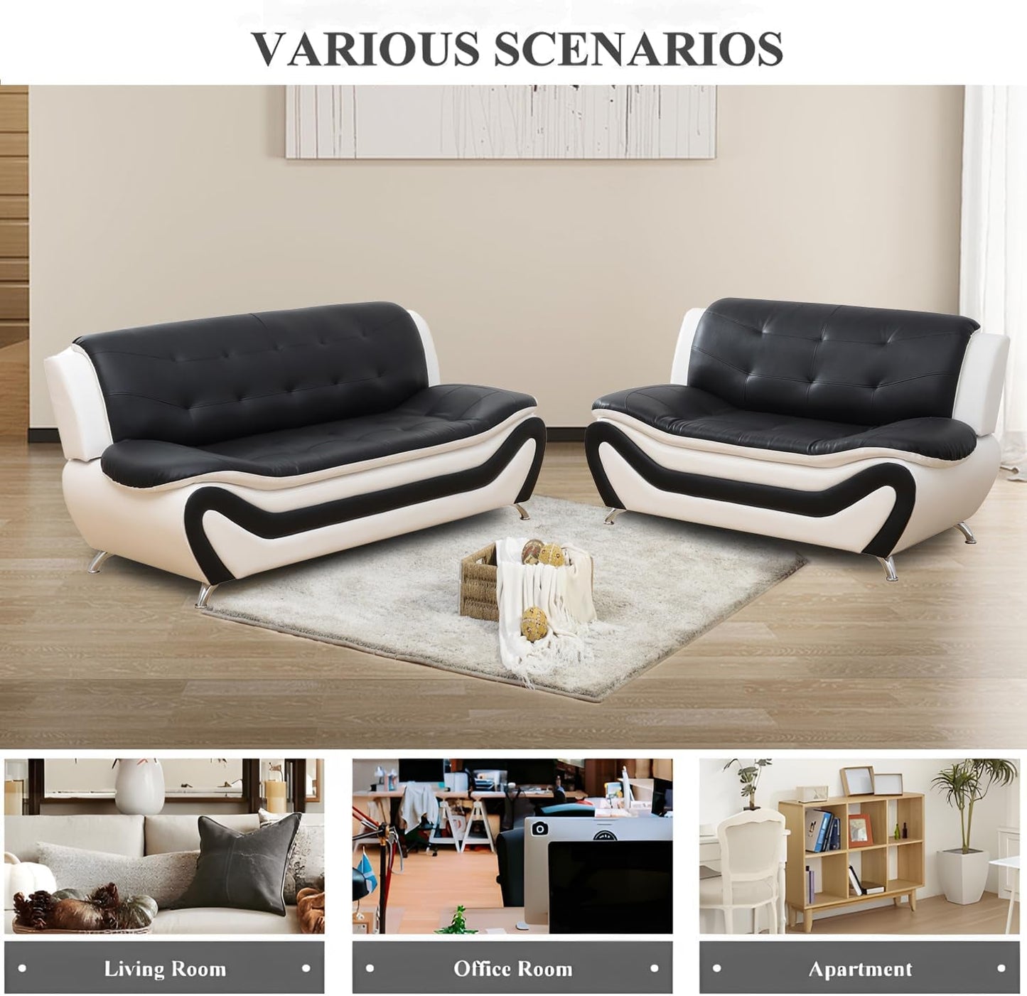 Faux Leather Sofa Couch Set, Living Room Sofa and Loveseat Set, Leather Couch and Loveseat Set for Living Room Office Home (2 Piece Leather Living Room Set, White&Black)-2