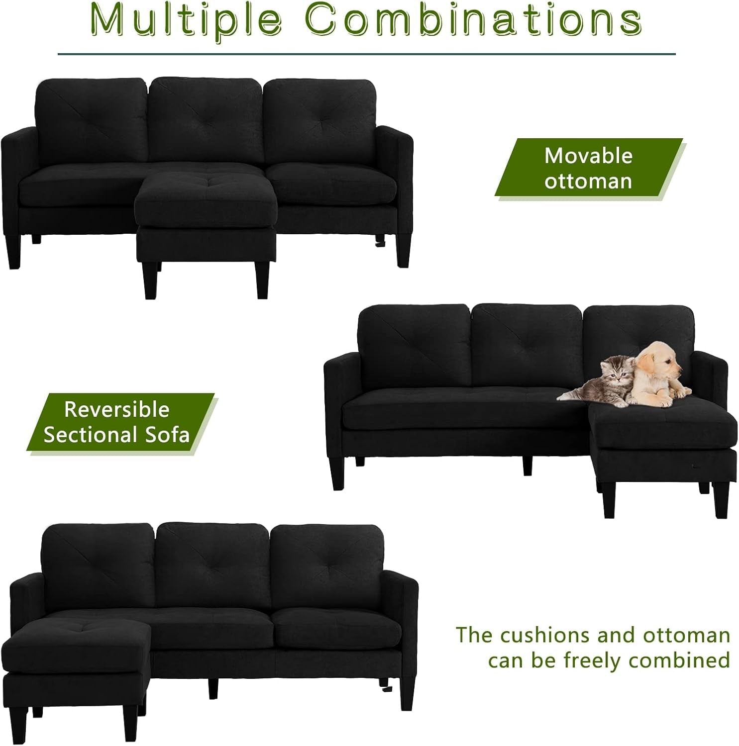 Adjustable L-Shaped Sofa, Modern Craftsmanship Nordic Style Fashion Sofa Set, Apartment Living Room Sofa with Storage for Small Space（Black）-1