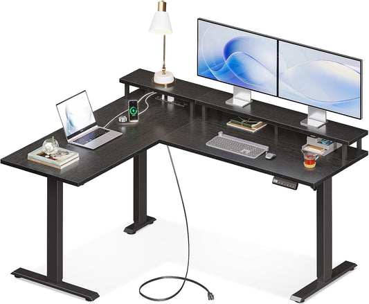 Electric L Shaped Standing Desk with Monitor Stand, 59 Inch Height Adjustable Corner Desk with Power Outlets, Large Sit Stand Table, Reversible Computer Desk for Home, Office, Black-0