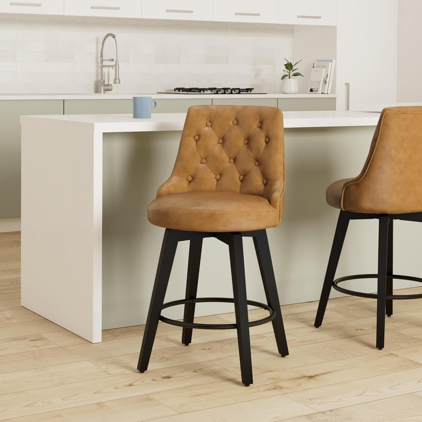 Counter Height Bar Stools, Faux Leather Upholstered Modern Swivel Barstool with Back, Solid Wood Legs, 26" H Seat, Cognac-1