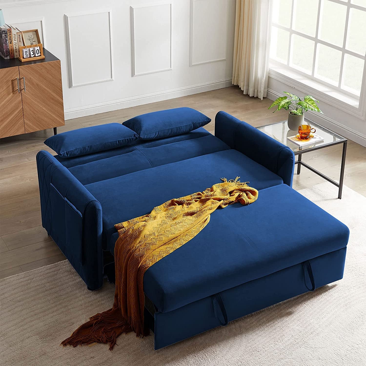 Blue Velvet Convertible Sofa Bed with Adjustable Backrest-3