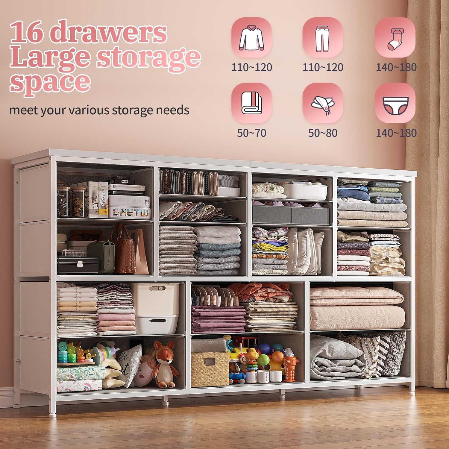 Dresser TV Stand with Power Outlet & USB White Dresser for Bedroom with 16 Drawers TV Stands for Living Room TV Stand with Storage for Bedroom,Media TV Console Table 51.1''W*11.8''D*34.8''H-4