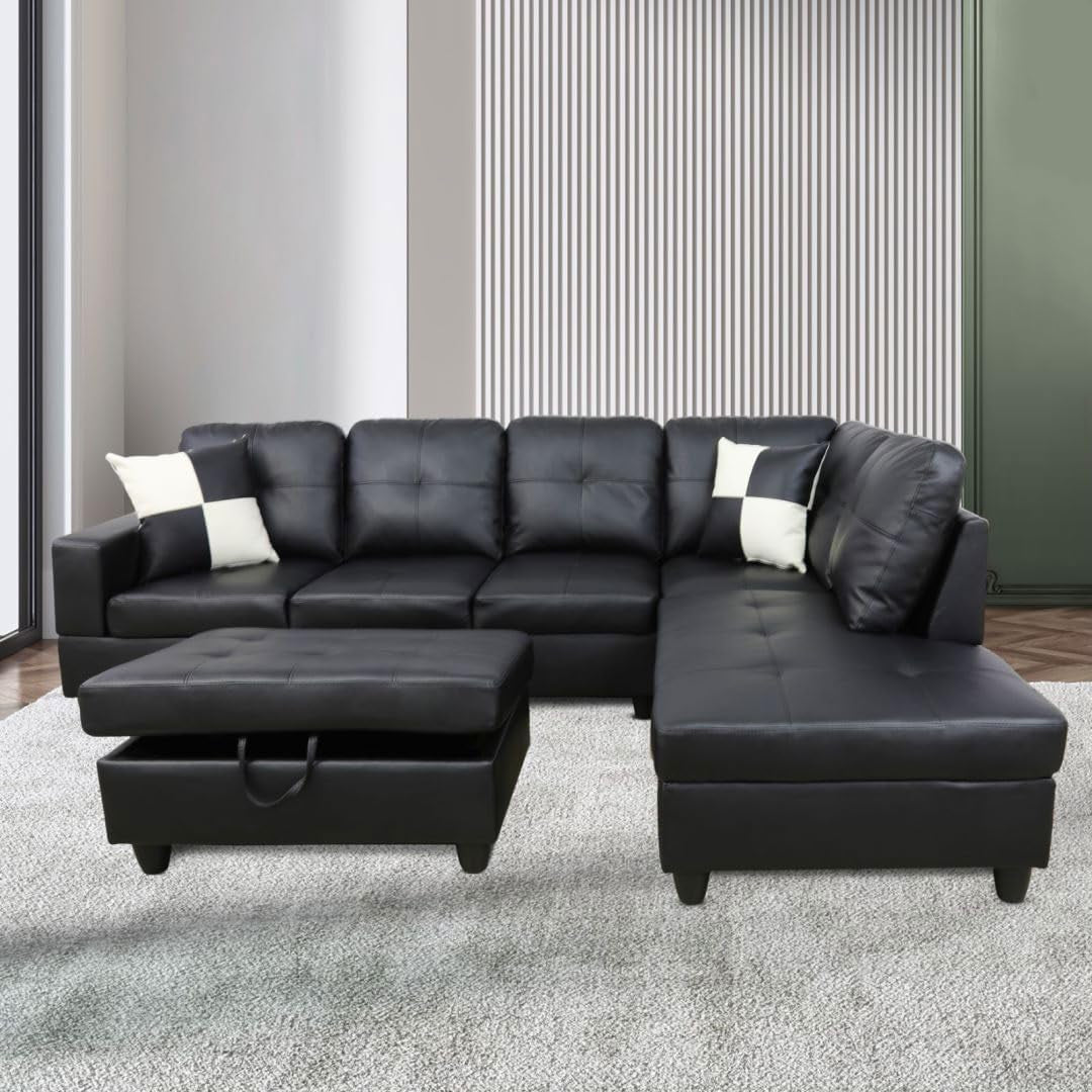 Black L-Shaped 3-Piece Faux Leather Sofa with Storage Ottoman Set, Sectional Couch Leather-Like Sofa Set for Living Room, Office, Small Space-2
