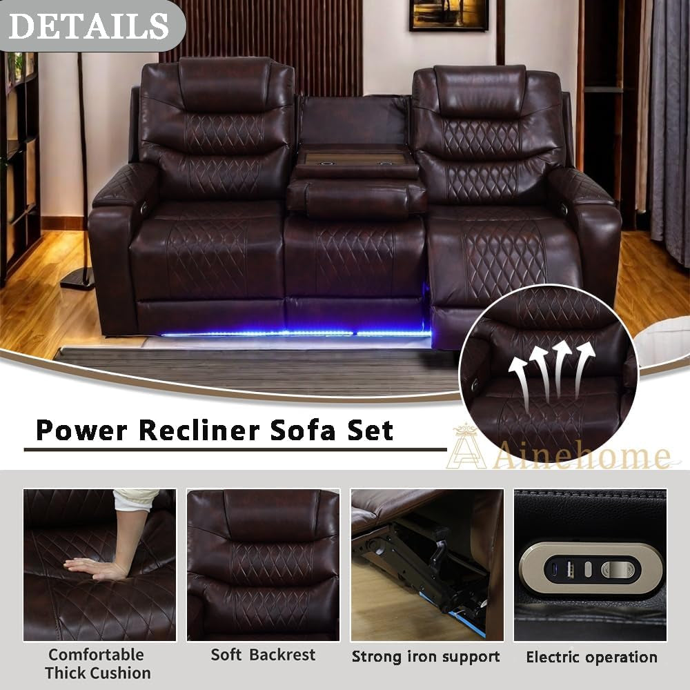 LED Power Recliner Sofa for Living Room Furniture Set, Leather Sectional Sofa Set, Recliner Chair Set Reclining Sofa and Loveseat with USB Port/Storage Console/Cup Holders(Dark Brown Sofa)-4