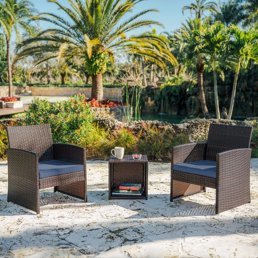Wicker Outdoor Furniture Set - 3 Piece Patio Bistro Set (Brown/Navy)-1
