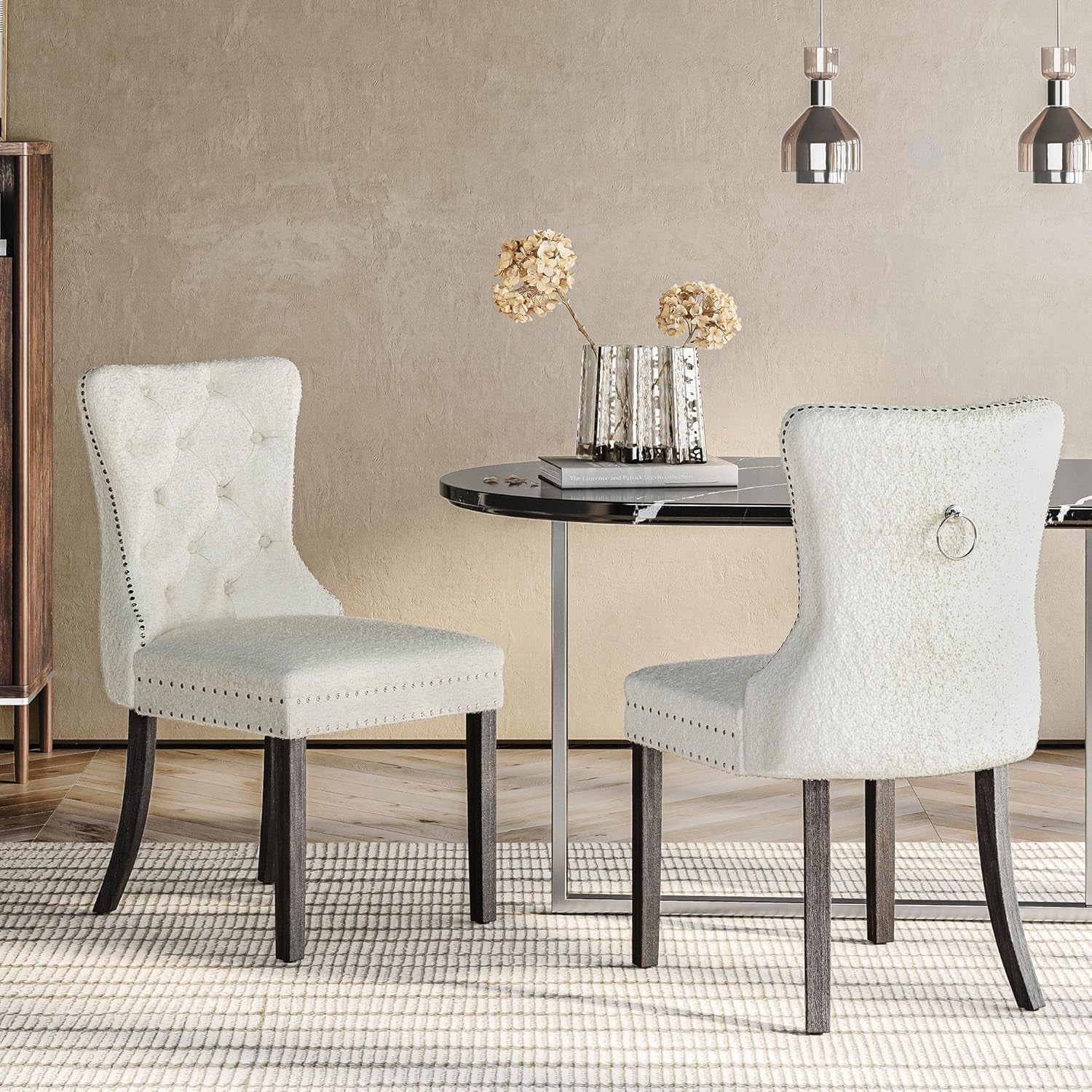 Luxury White Teddy Fabric Dining Chairs Set (6)-3