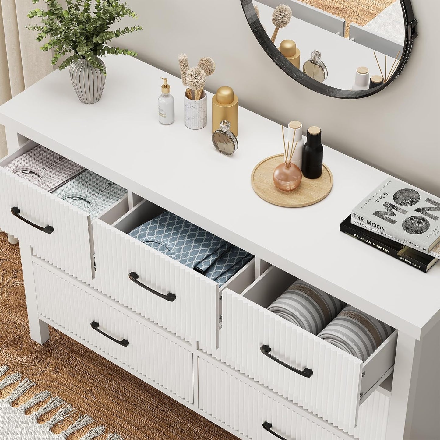 White Dresser 7 Drawer Dresser for Bedroom, Modern Fluted Dresser with Solid Wood Legs, Long Double Wooden Dresser Large Chest of Drawers for Living Room, Entryway, Hallway (White Fluted)-2