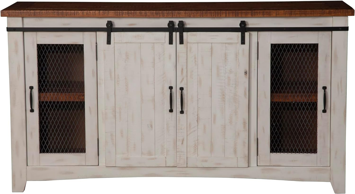 Rustic 65” Solid Wood TV Stand with Storage, White and Aged Distressed Pine-0