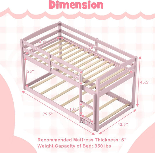 Low Bunk Bed, Solid Wood Bunk Beds Twin over Twin with Ladder, Space Saving Bunkbeds Frame W/Full Guardrails, Twin Floor Bunk Beds for Kids Boys Girls Teens, No Box Spring Needed (Pink)-1