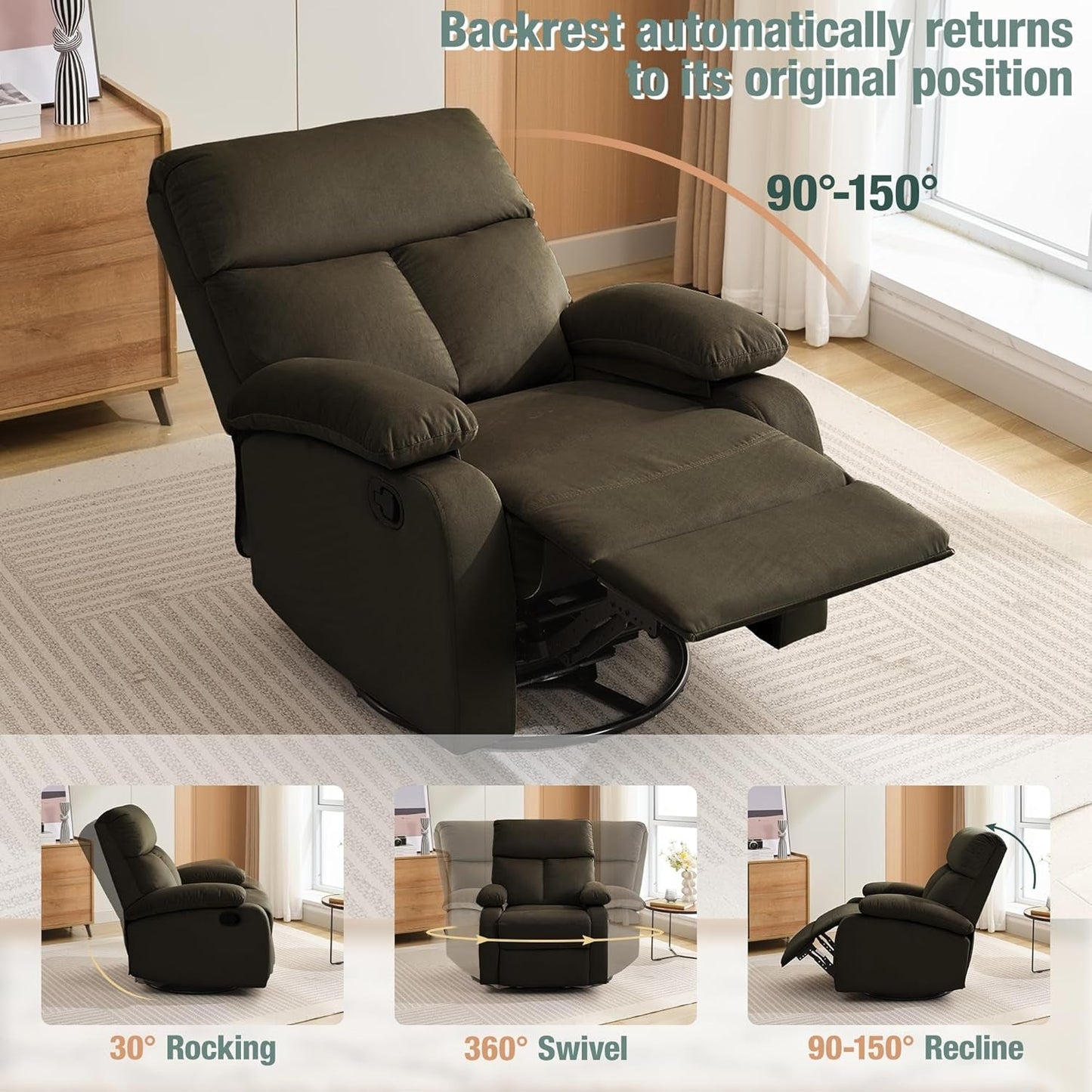 Swivel Rocker Recliner Adults, Rocking Small Recliner Chair for Small Spaces, Small Rocker Recliner Chair for Living Room, RV, Nursery, Bedroom, Dark Brown-2