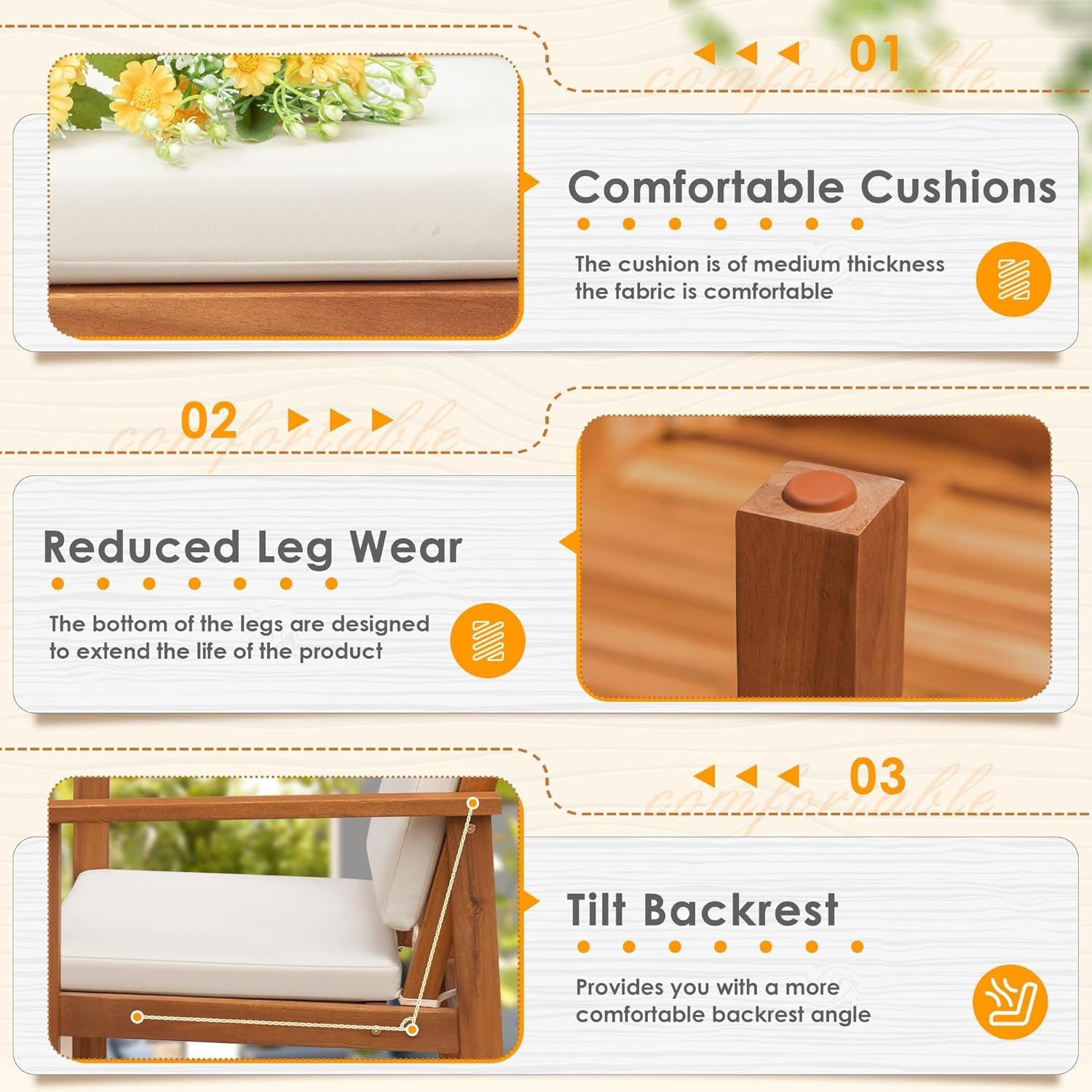 4 Piece Patio Bistro Set Patio Furniture Outdoor Chat Table Chair Set with Water Resistant Cushions and Coffee Table for Beach Backyard Garden,Acacia Wood-4