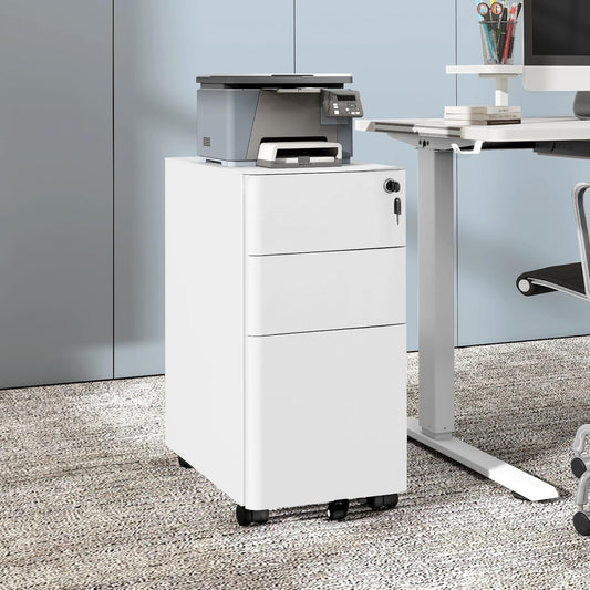 3-Drawer Vertical File Cabinet, Mobile Filing Cabinet with Lockable, Pre-Assembled Compact Slim File Cabinet, Portable Office Storage for A4/Letter/Legal Documents (White)-1