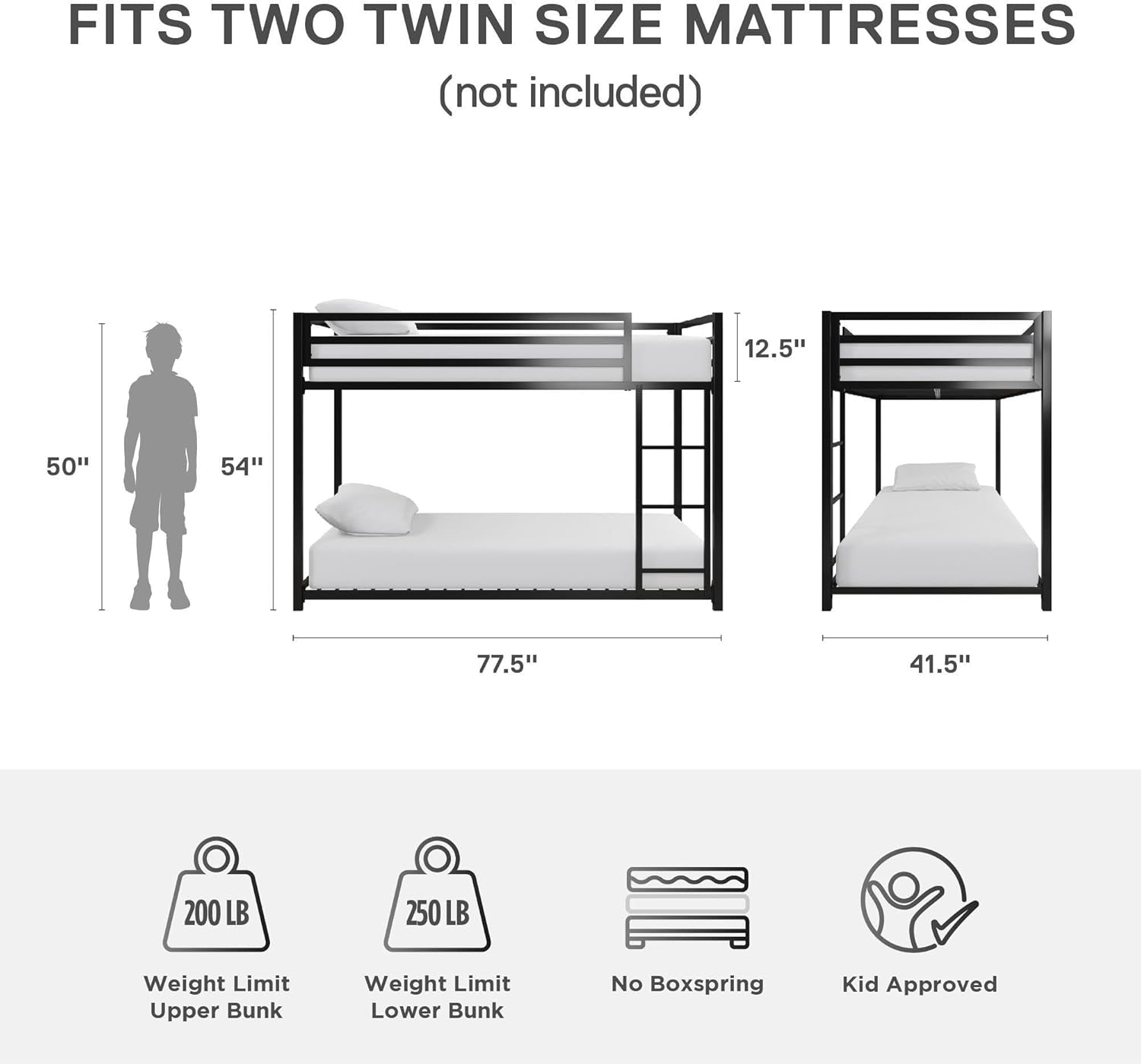 Miles Low Metal Bunk Bed Frame for Kids, with Built-In Ladder, High Guardrail and Metal Slats, Floor Bed Bottom Bunk, No Boxspring Required, for Small Spaces, Twin-Over-Twin, Black-1