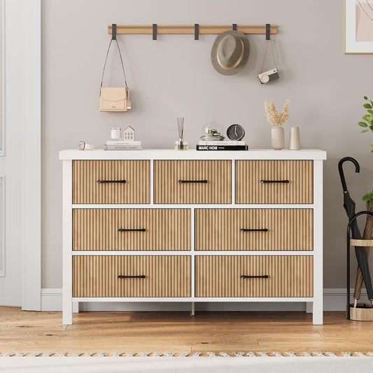 White 7 Drawer Fluted Dresser with Wood Legs-0