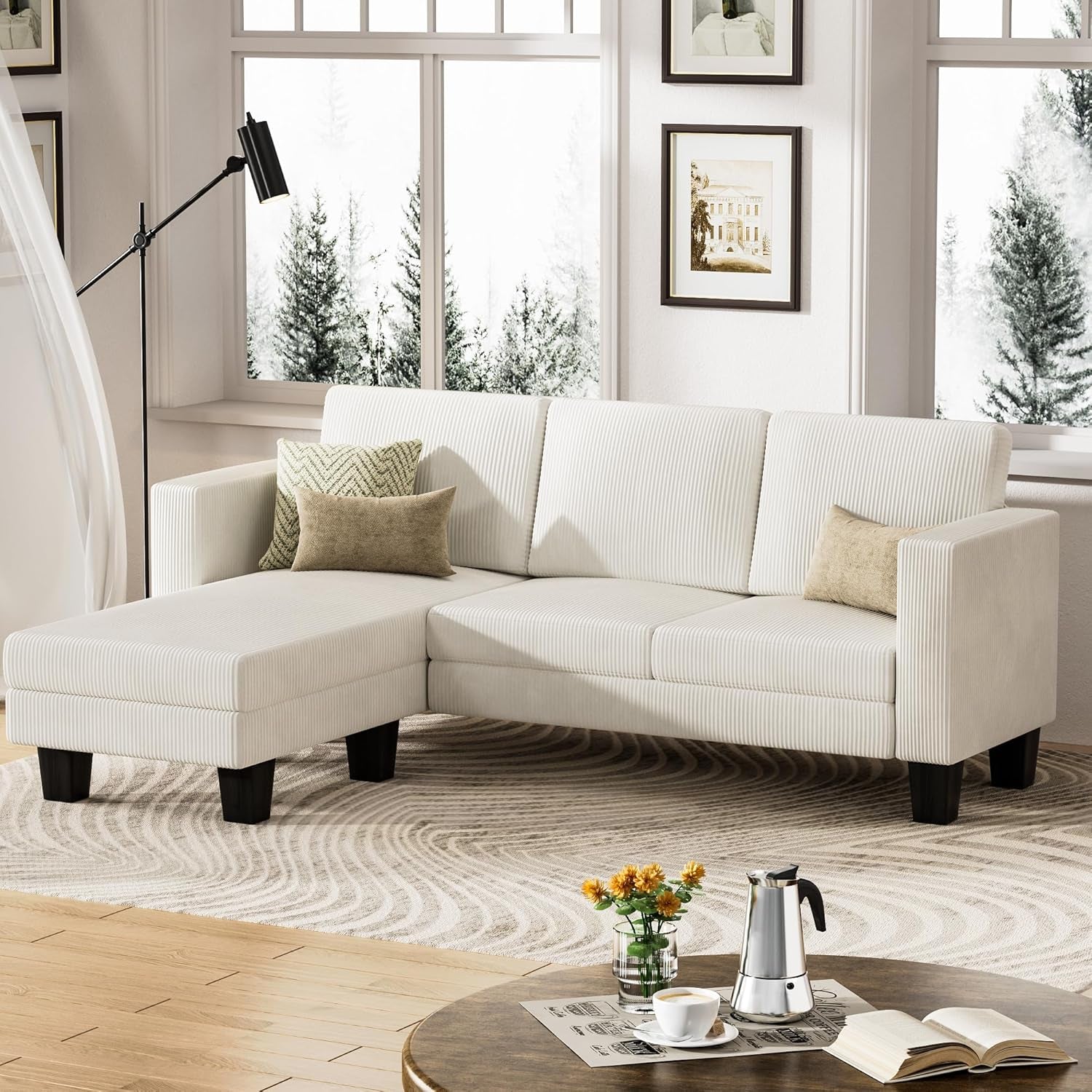 L-Shaped Convertible Sectional Sofa 3 Seater with Corduroy Fabric, Complete with Mobile Footrest, for Living Room, Apartment and Office, 70", Beige-2
