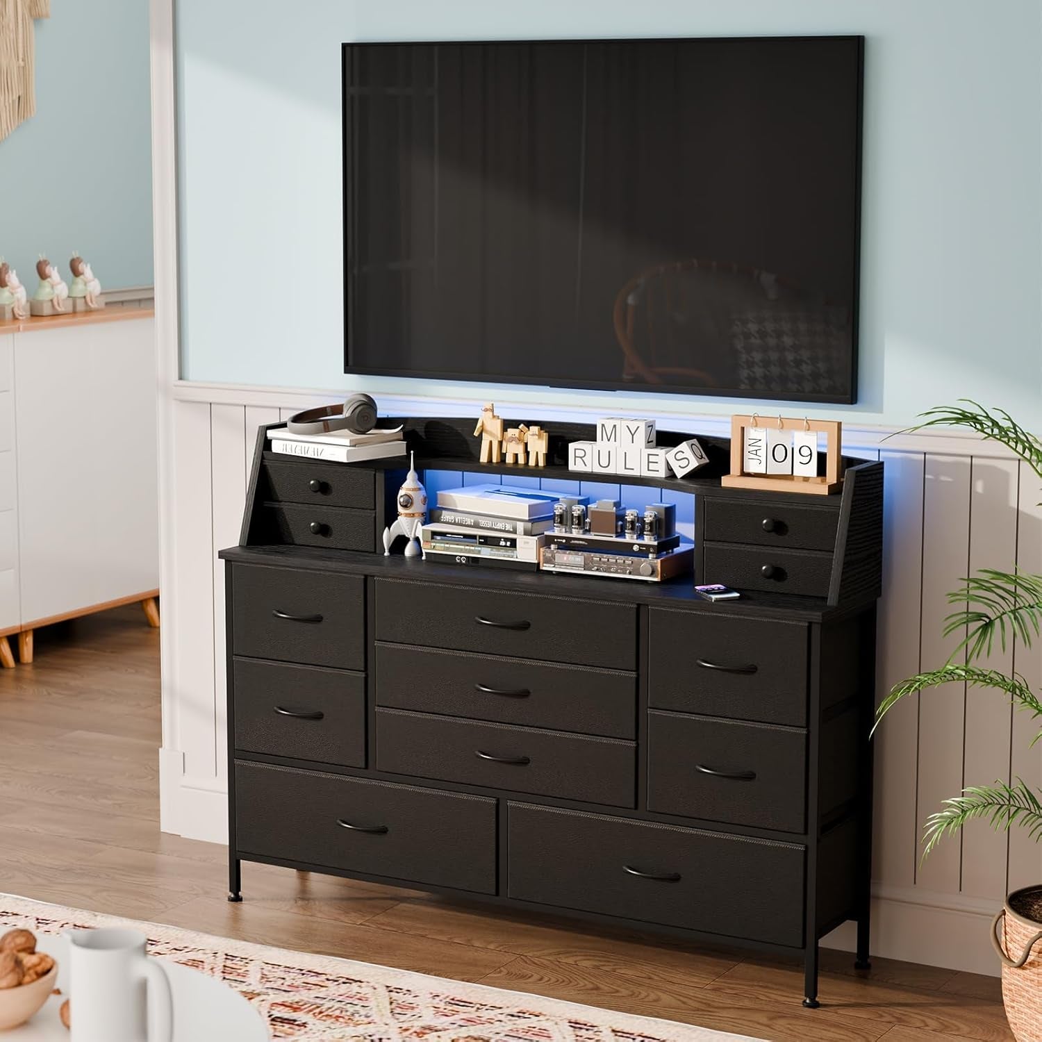 Black Nursery Dresser for Bedroom with 13 Drawers, Fabric Chest of Drawers with PU Finish for Kids, Boys, Adults, Nursery, Living Room, Closet, Entryway, Hallway (No LED Lights)-4