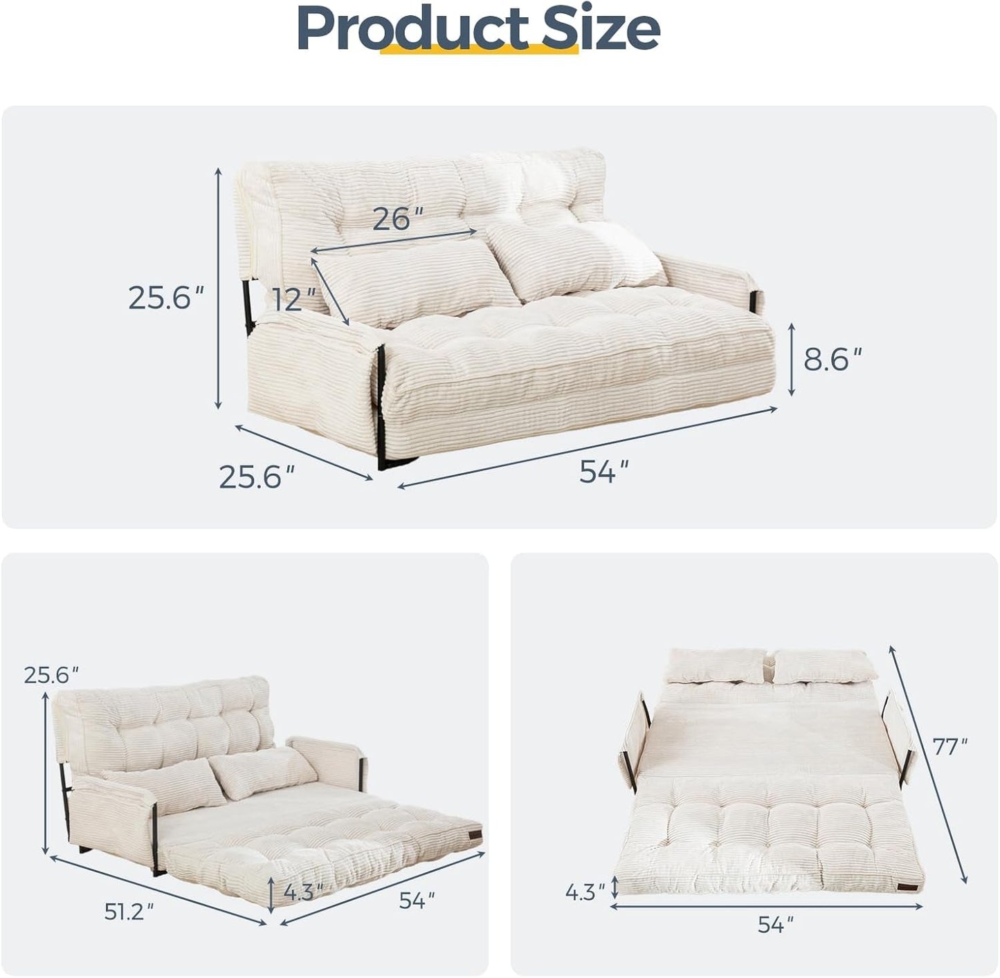 Adjustable Floor Sofa Couch with 2 Pillows, Multi-Functional Bean Bag Bed, 5-Position Foldable Lazy Sofa Sleeper Bed with Armrest Versatile Floor Seating Sofa for Reading Gaming, Beige, Double-1