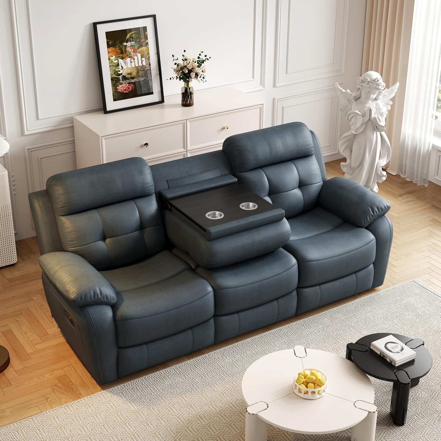 3-Seat Reclining Sofa, Tufted Power Reclining Sofa Couch with Drop down Table, PU Leather Reclining Sofa, Power Recliner for Living Room, Home Theater, Genuine Leather (Light Grey-Blue)-3
