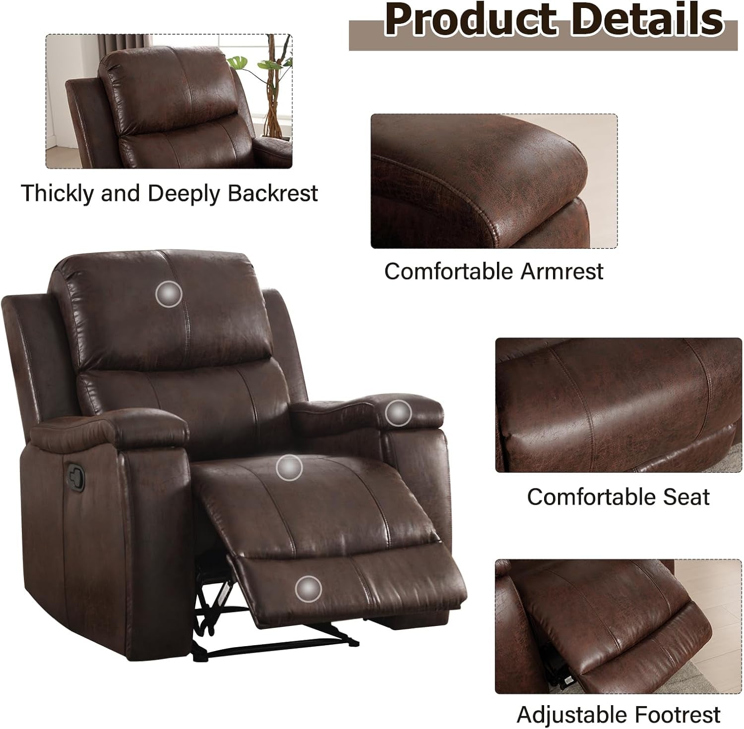 Leather Recliner Chair, Classic and Traditional Manual Recliner Chair with Overstuffed Arms and Back, Manual Single Sofa with Concealed Cup Holders,Red Brown-2