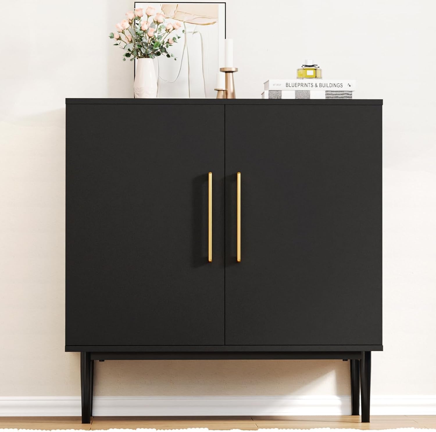 Modern Storage Cabinet, Free Standing Buffet Cabinet, Black Sideboard and Buffet Storage, Wood Accent Cabinet for Living Room, Hallway, Entryway, Dining Room, Bedroom (1, Black)-0