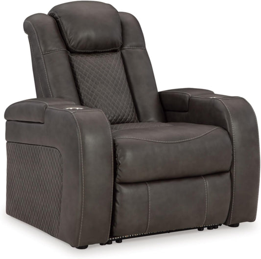 Fyne-Dyme Contemporary Faux Leather Power Recliner with Adjustable Headrest, Cup Holders and LED Lighting, Black & Gray-0