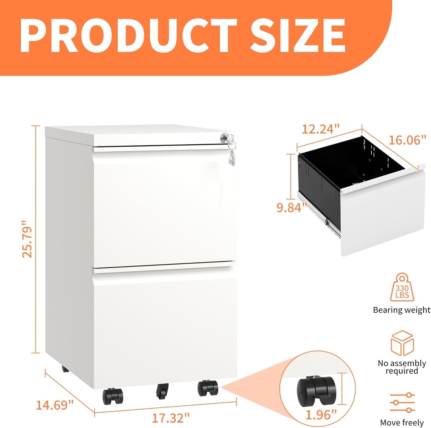 2 Drawer Mobile File Cabinet with Lock,Rolling Metal Office Storage Filing Cabinet under Desk for Home Office,Legal/Letter/A4, Fully Assembled,White-2