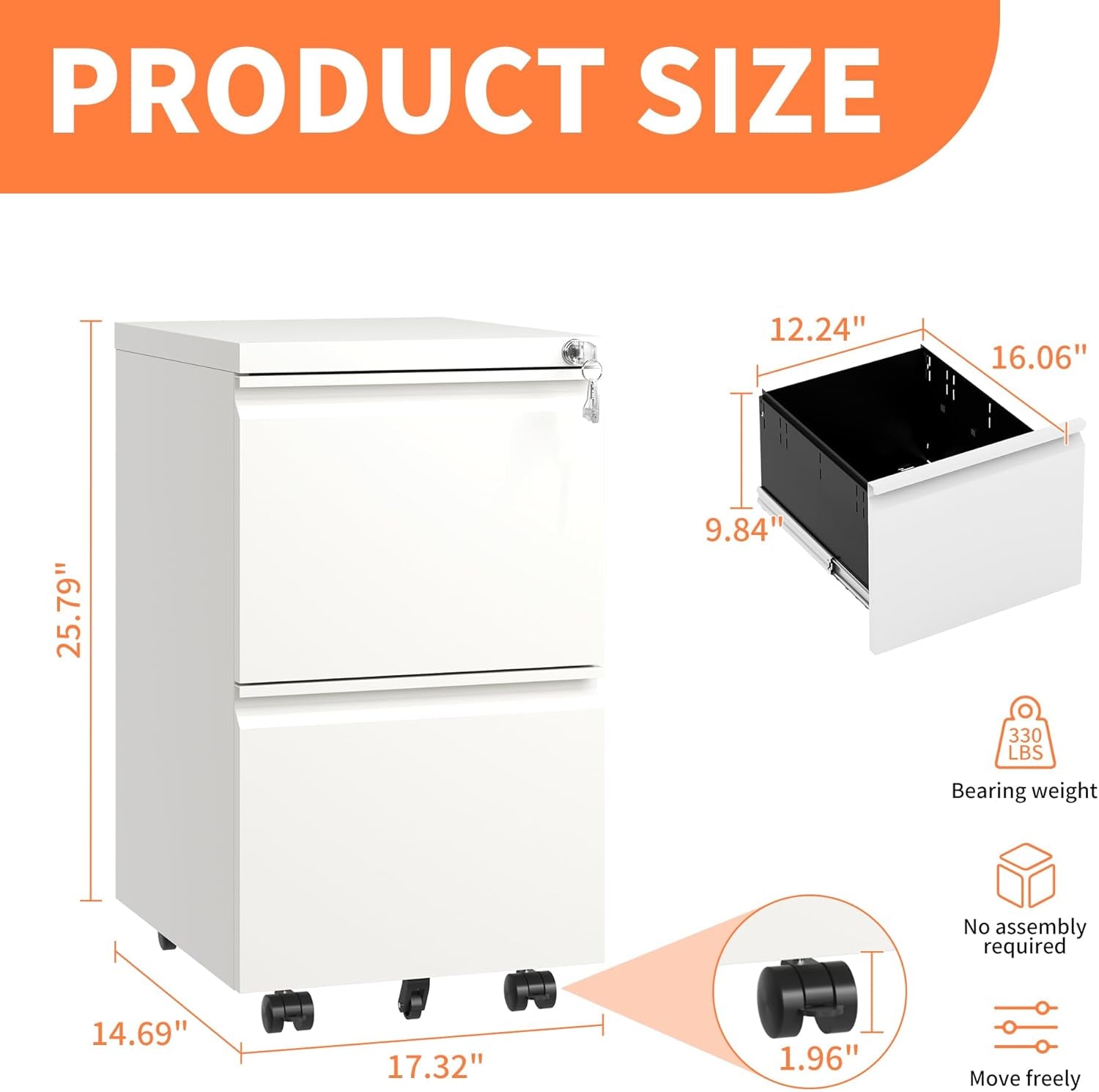 2 Drawer Mobile File Cabinet with Lock,Rolling Metal Office Storage Filing Cabinet under Desk for Home Office,Legal/Letter/A4, Fully Assembled,White-2