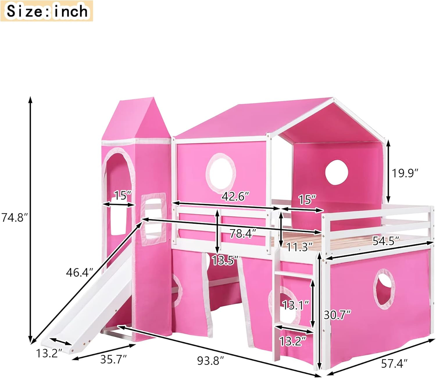 Full over Full House Bunk Bed, Kids Playhouse Bed, Solid Wood Bunk Bed Frame with Slide Pink Tent and Tower, for Girls and Boys, Pink-1