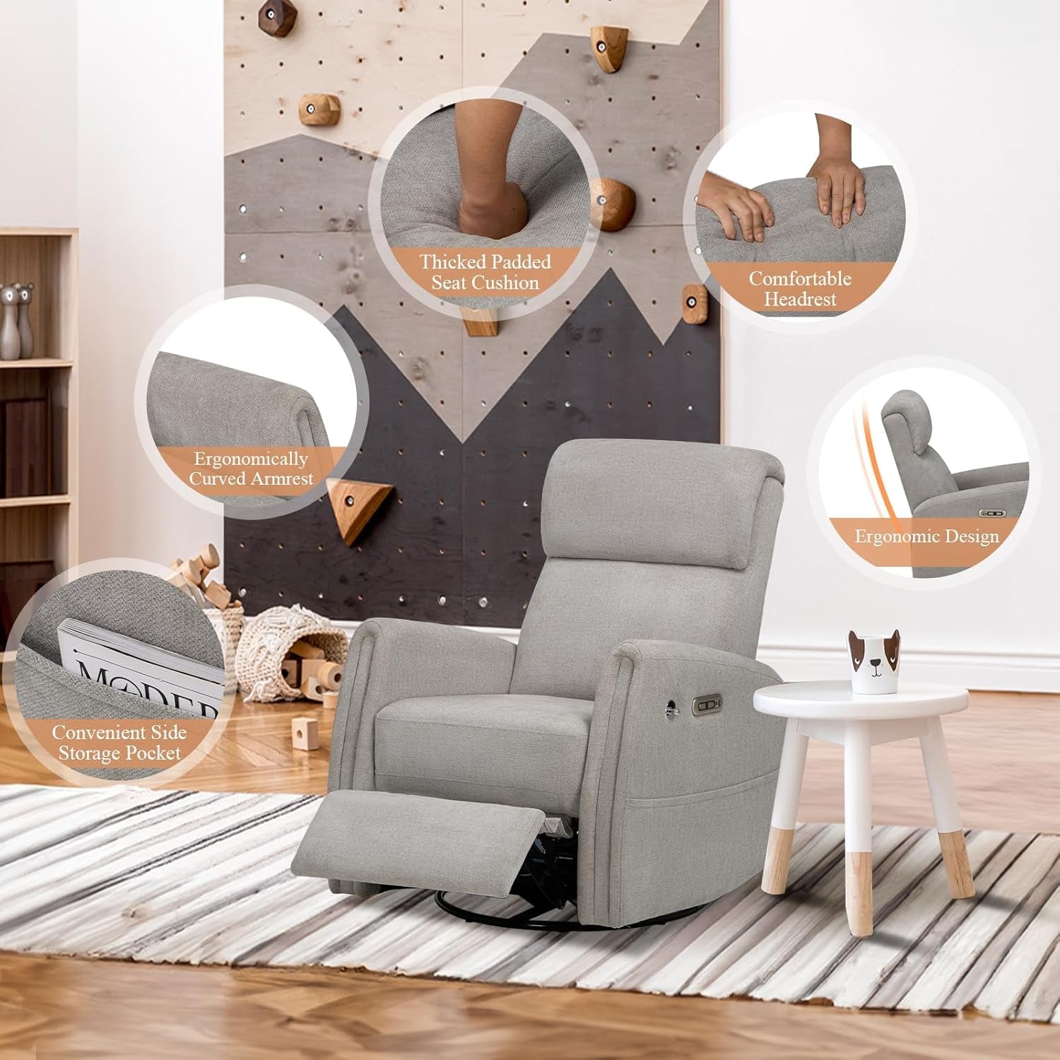 Power Recliner Chairs Swivel Glider Rocker for Nursery, Upholstered Fabric Living Room Rocking Reclining Single Sofa Chair with 2 Device Holders, Dove Grey, Set of 2-3