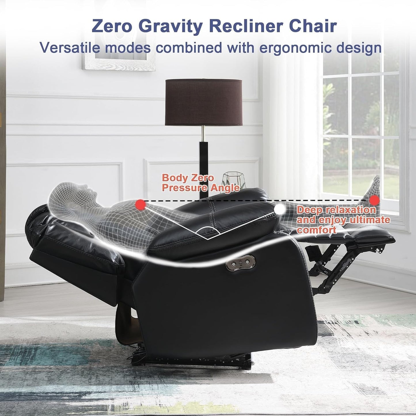 Power Reclining Sofa Set with LED Light,0 Gravity Air Leather Recliner Sofa Set with Bluetooth Speaker,Wireless Charger,Storage Console,Usb Ports,Cup Holders for Living Room/Office(2Pcs,Black)-3