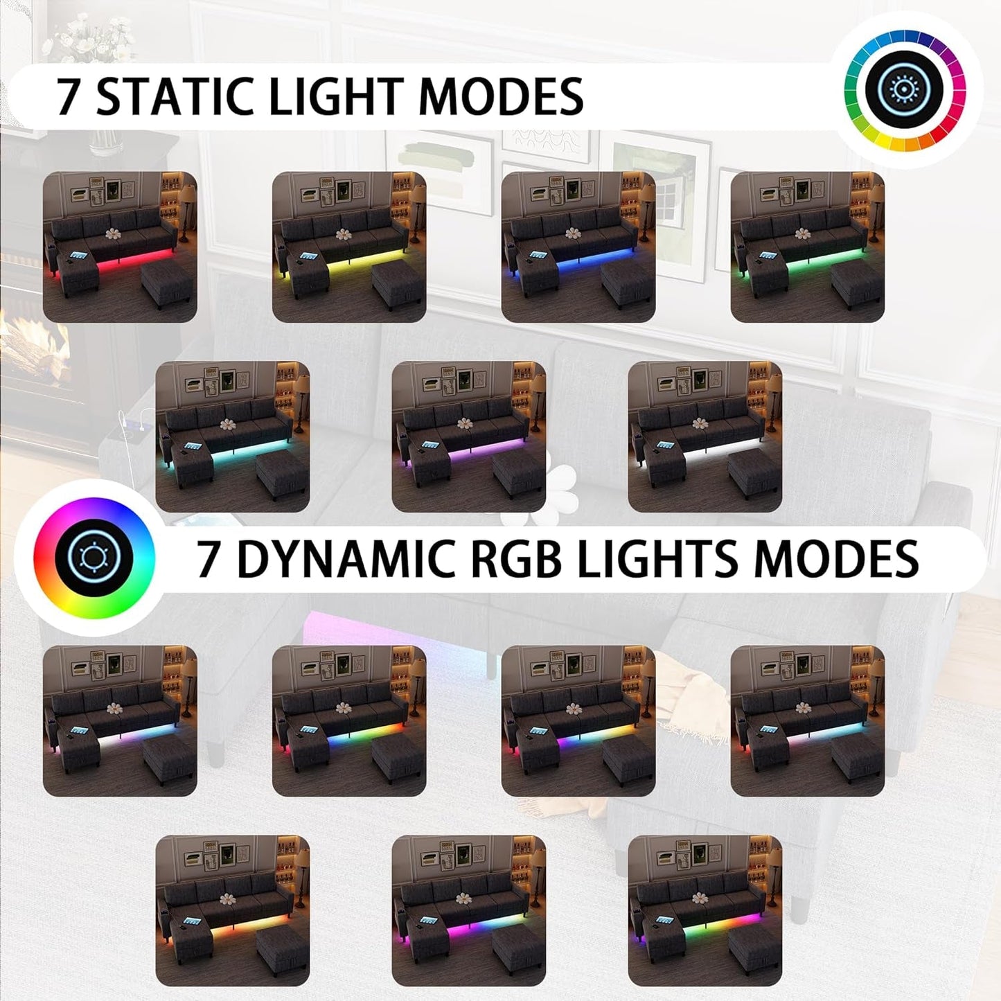 Sectional Couches for Living Room, 4 Seat Linen Sectional Sofa with Reversible Chaise Lounge/Storage Ottoman, U Shaped Couch with Smart Module-Wireless Charging/Usb/Type-C/Rgb Light (Blue)-3