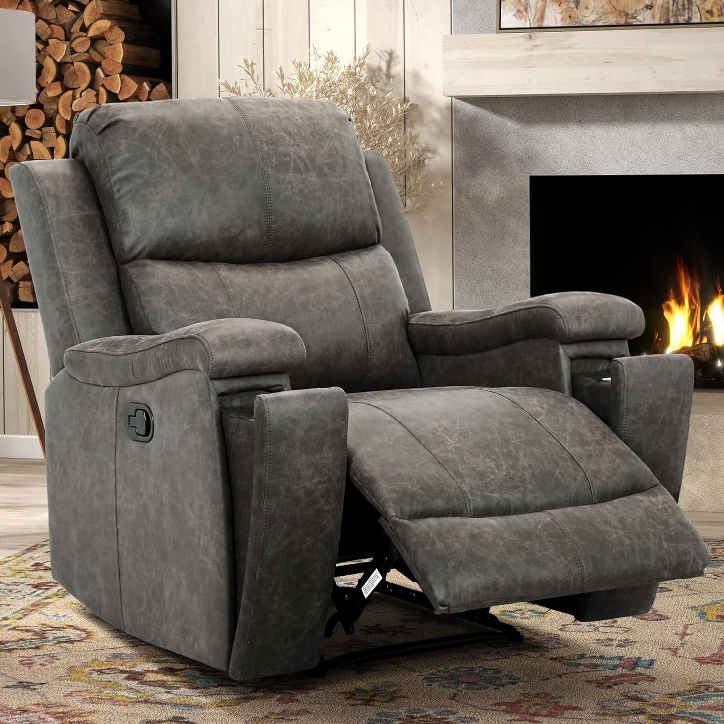 Leather Recliner Chair, Classic and Traditional Manual Recliner Chair with Overstuffed Arms and Back, Manual Single Sofa with Concealed Cup Holders,Grey-0