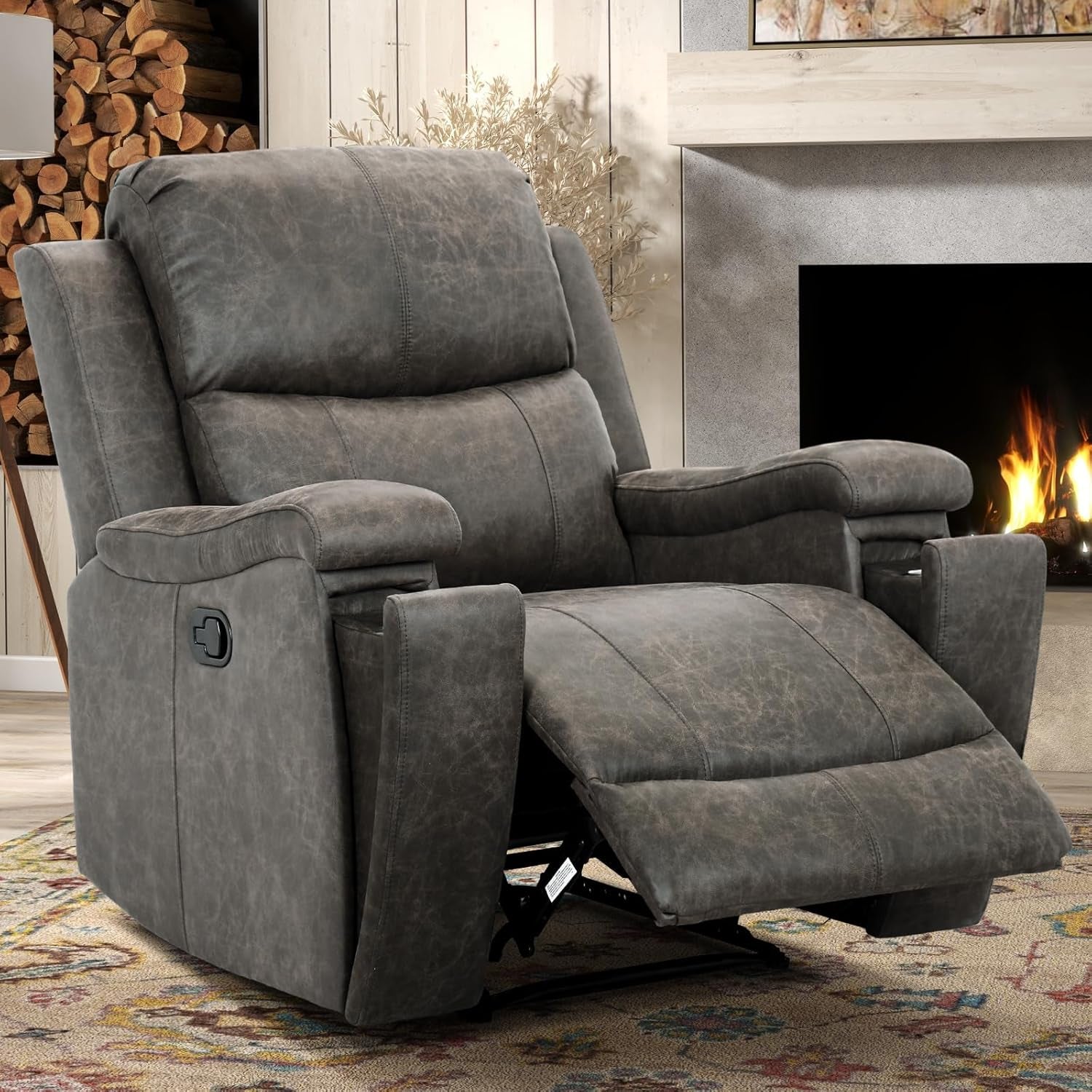 Leather Recliner Chair, Classic and Traditional Manual Recliner Chair with Overstuffed Arms and Back, Manual Single Sofa with Concealed Cup Holders,Grey-0