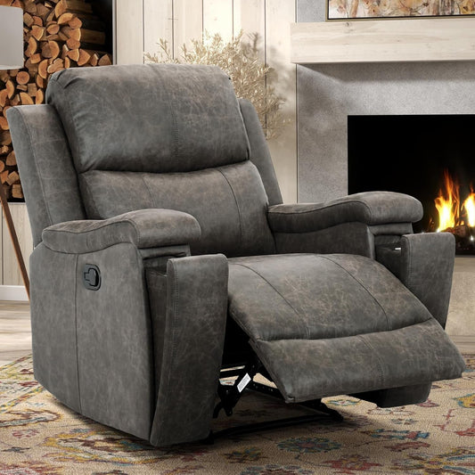 Leather Recliner Chair, Classic and Traditional Manual Recliner Chair with Overstuffed Arms and Back, Manual Single Sofa with Concealed Cup Holders,Grey-0