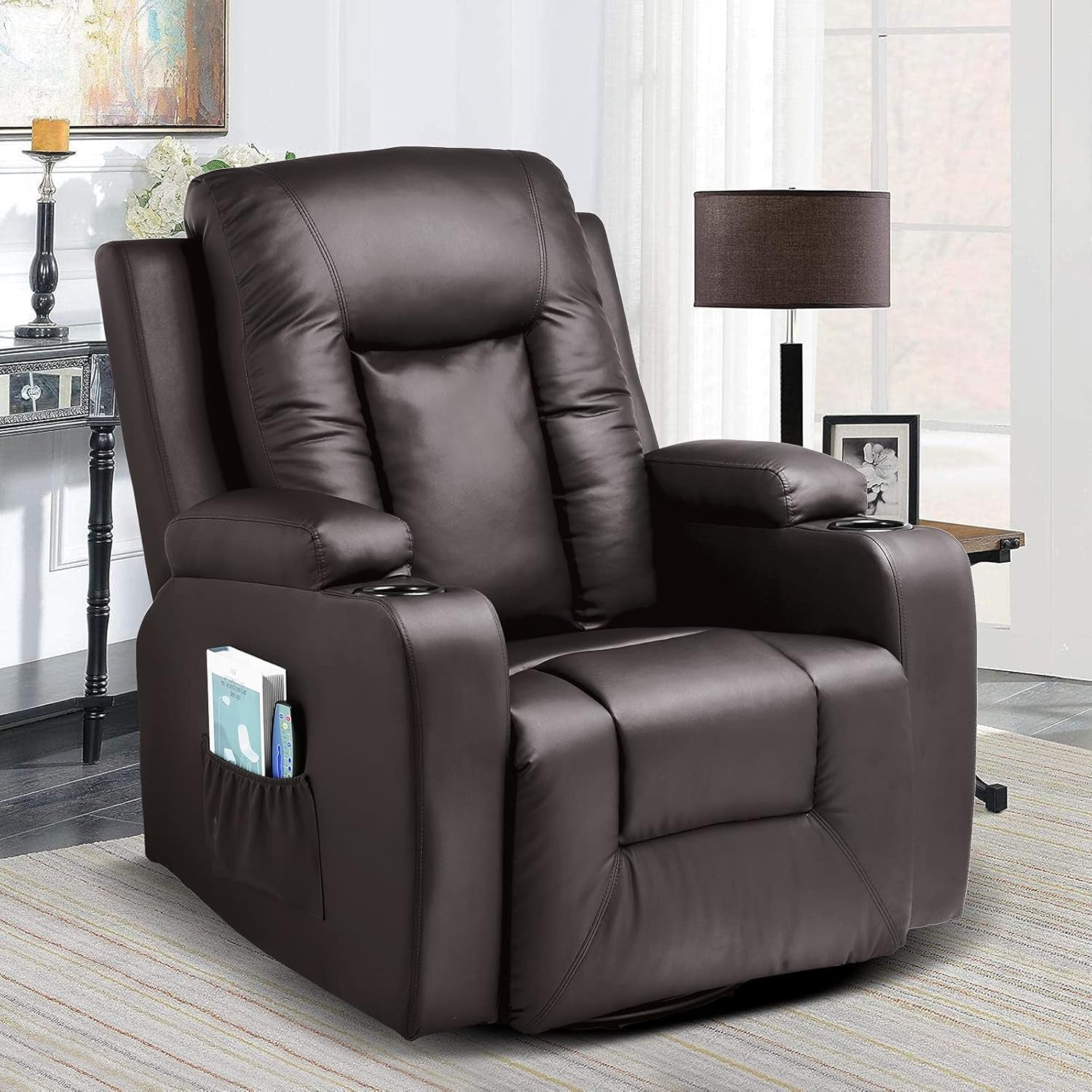 Recliner Chair, PU Rocking Chair for Adults, Swivel Recliner with Cup Holders, Heat and Massage, Single Sofa Seat with Side Pockets for Living Room, Bedroom (Brown)-0