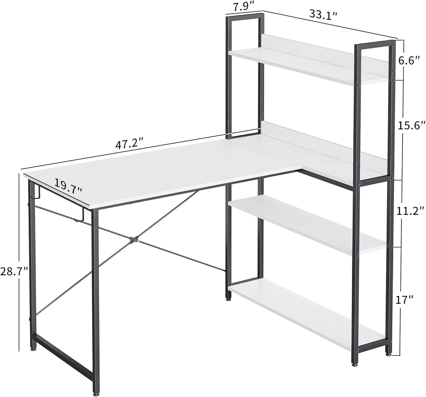 Computer Corner Desk with Storage Shelves, 47 Inch Reversible Small L Shaped Computer Desk, Home Office Writing Desk with 2 Hooks, White-2