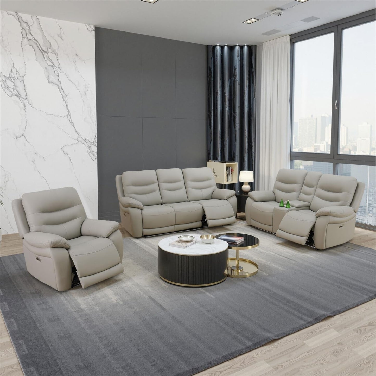 LED Power Recliner Sofa for Living Room Furniture Set, Leather Sectional Couches, Reclining Sofa with USB Port/Storage Console/Cup Holders (A-Light Grey 3-Piece Set)-3