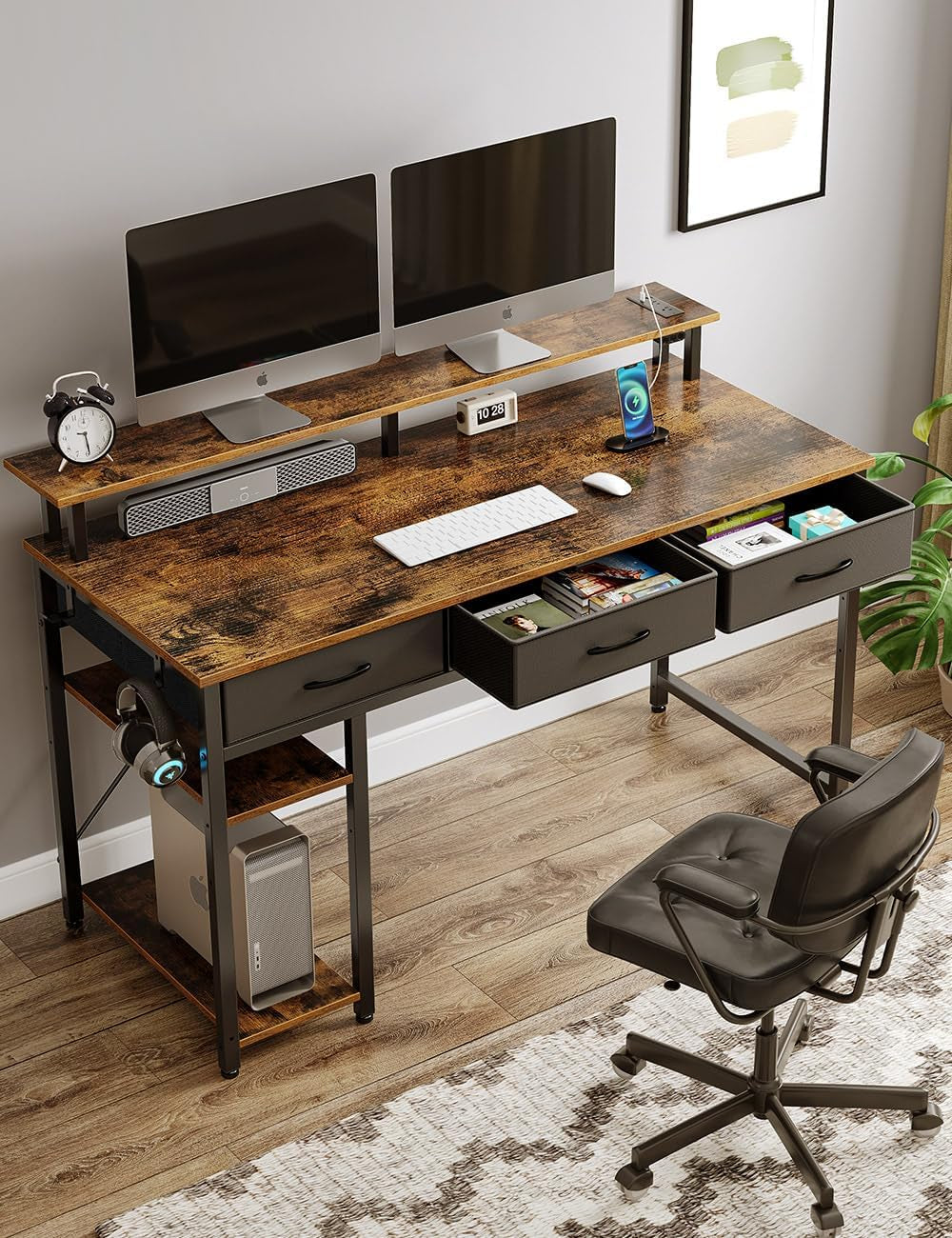 Computer Desk with Power Outlets & LED Light, 47 Inch Home Office Desk with 3 Drawers and Storage Shelves, Writing Desk with Monitor Stand, Work Study Desk for Home Office,Rustic Brown-1